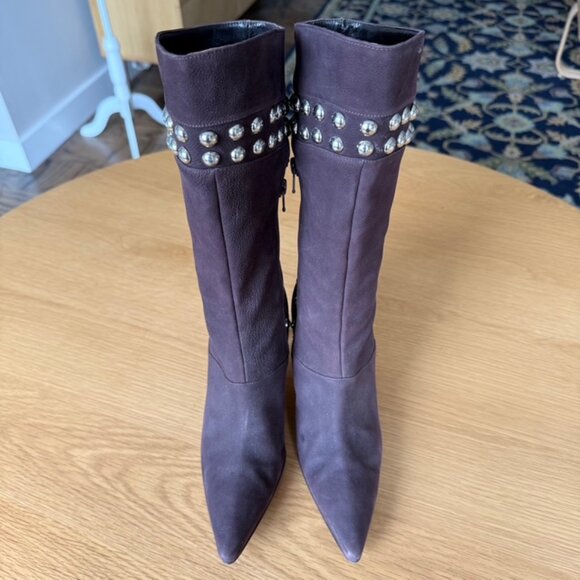 Manolo Blahnik Nenbiemi Brown Nubuck Leather Boots w/Silver Studs Size 38.5 US 8 - Picture 13 of 13
